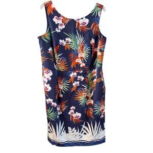 Talbots Womens Sheath Dress Blue Orange Floral Stretch Pleated Scoop Neck 14W